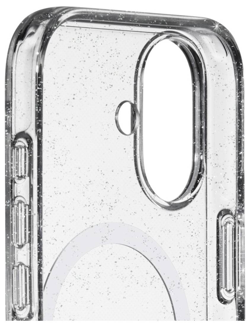 Transparente Handyhülle mit einem Glitzer-Design, die mehrere Tastenausschnitte und einen großen Kameraausschnitt an der Oberseite aufweist.