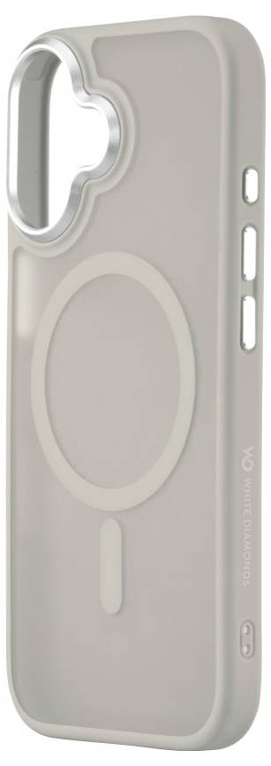 Eine beige Handyhülle mit einer kreisförmigen Aussparung um die Kamera und den MagSafe-Ring. Sie verfügt über zwei Tasten an der Seite zur Lautstärkeregelung.