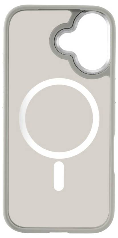 Eine beige und graue Handyhülle, die für MagSafe-Kompatibilität entwickelt wurde, mit einem kreisförmigen Symbol, das die Position der magnetischen Ausrichtung anzeigt.