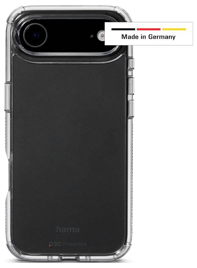 Eine schwarze Handyhülle in einer transparenten Hülle, mit der Aufschrift "Made in Germany" und einer kleinen deutschen Flagge über dem Telefonkamerabereich.