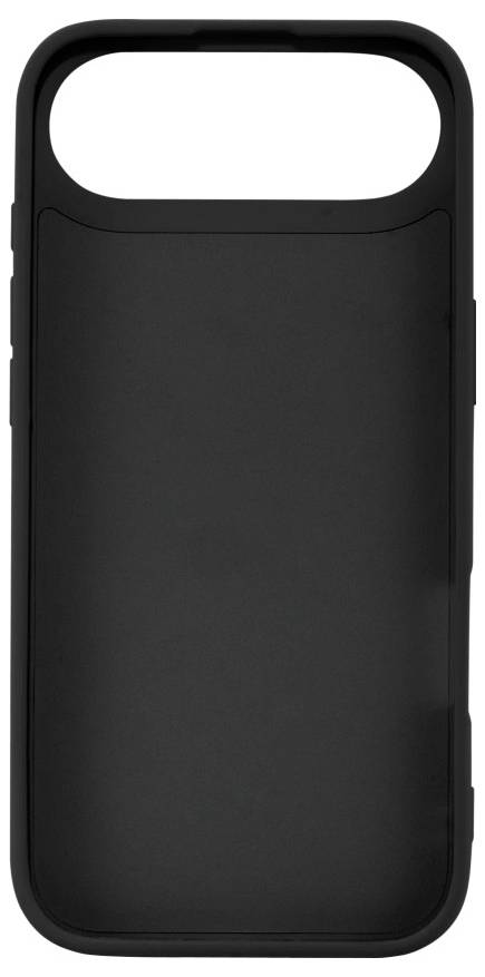 Eine schwarze Smartphone-Hülle mit einer glatten, matten Oberfläche, die eine leere Kameraausschnitt an der Oberseite aufweist und für Schutzzwecke konzipiert ist.