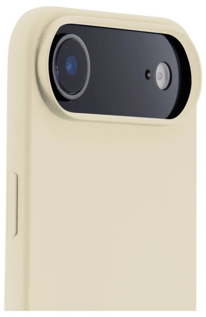 Ein beige Smartphone in einer Hülle, die die Rückkamera und den Blitz hervorhebt.