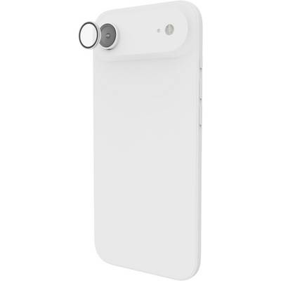 Ein weißes Smartphone mit einem abnehmbaren Kameraobjektiv-Aufsatz in der oberen linken Ecke, der die fotografischen Fähigkeiten erweitert.
