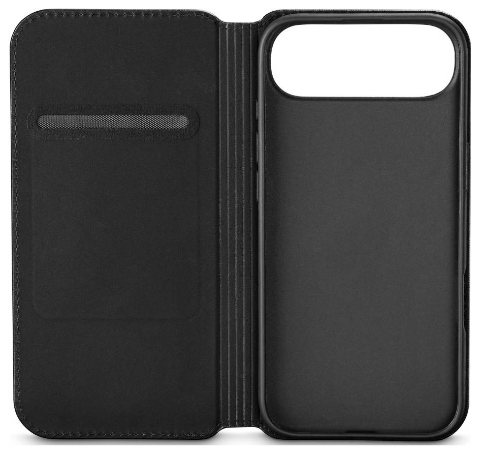 Schwarze Smartphone-Hülle mit Kartenfach auf der linken Seite und Platz für ein Telefon auf der rechten Seite.