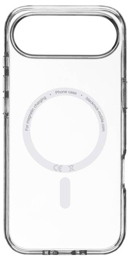 Transparente Handyhülle mit einem kreisförmigen Design auf der Rückseite, das die Unterstützung von magnetischem Aufladen anzeigt.