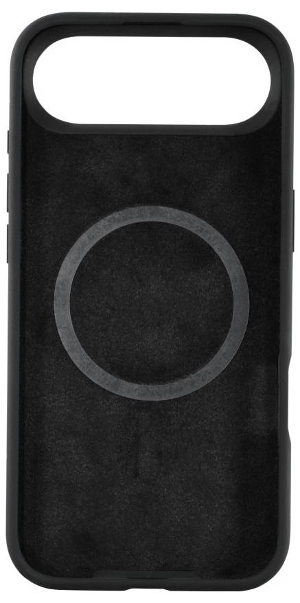 Eine schwarze Handyhülle mit einem kreisförmigen magnetischen Ring in der Mitte, entwickelt zur Unterstützung von MagSafe-Zubehör.