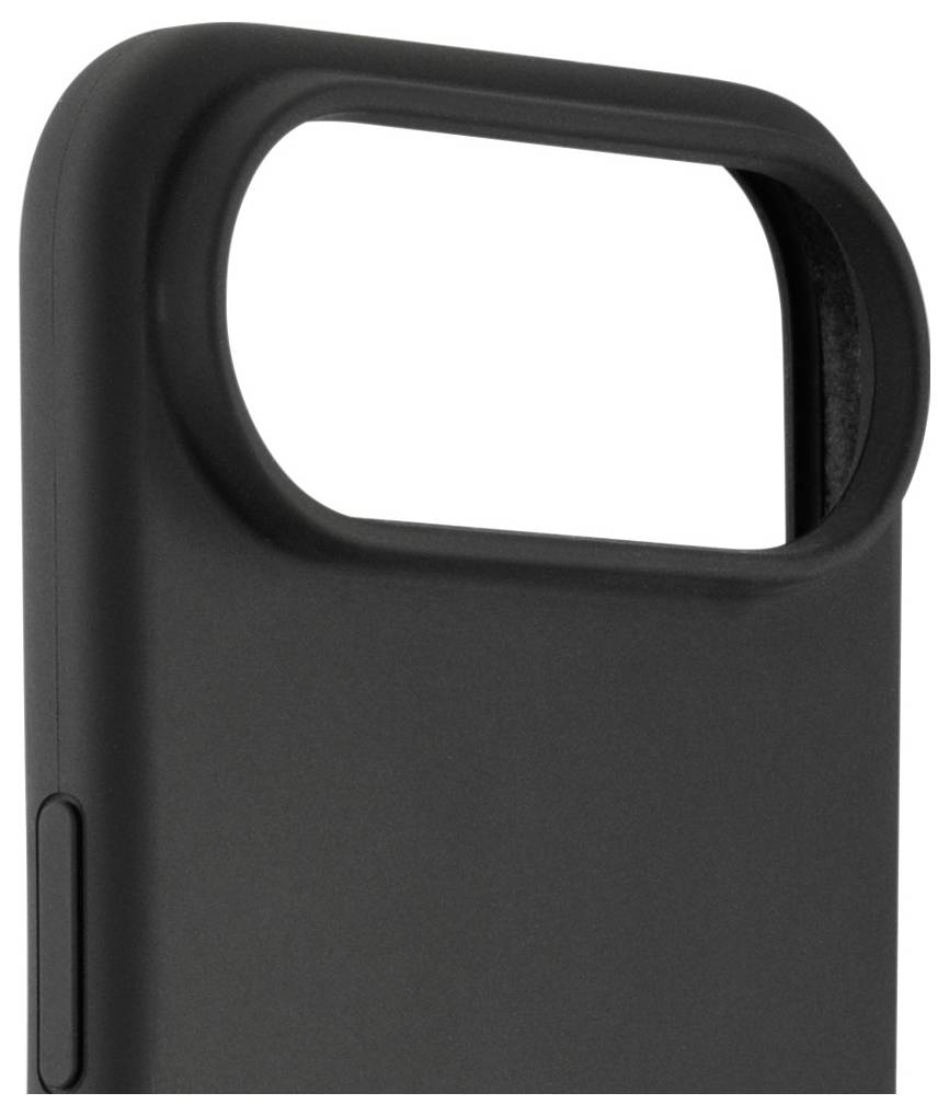 Eine Nahaufnahme eines schwarzen Handyhüllendesigns mit einer großen Kameraausschnittöffnung und glatter Textur, die sein minimalistisches Design hervorhebt.