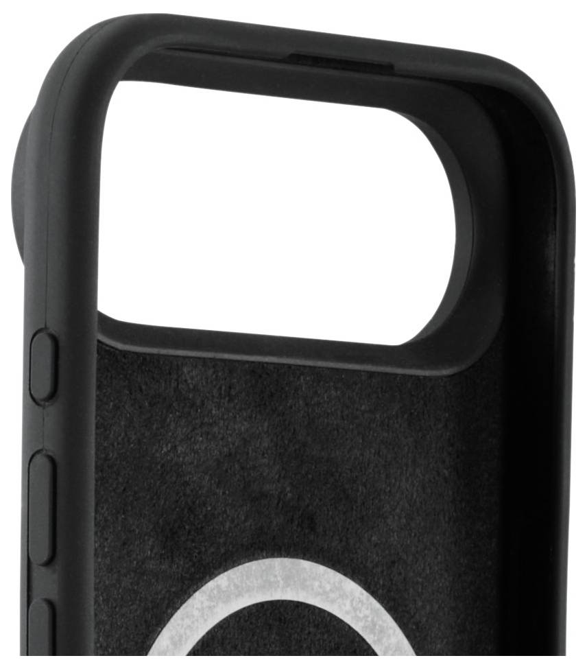 Eine schwarze Handyhülle mit Aussparungen für Tasten und einer Kameraöffnung. Das Innere weist ein kreisförmiges Design auf.