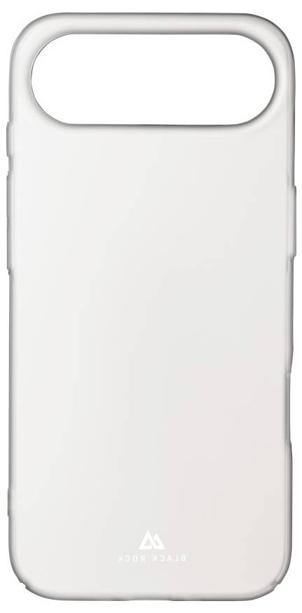 Eine weiße Handyhülle mit einer großen Aussparung oben für das Kameramodul und dem Text 'BLACK ROCK' mit einem Logo am unteren Rand.