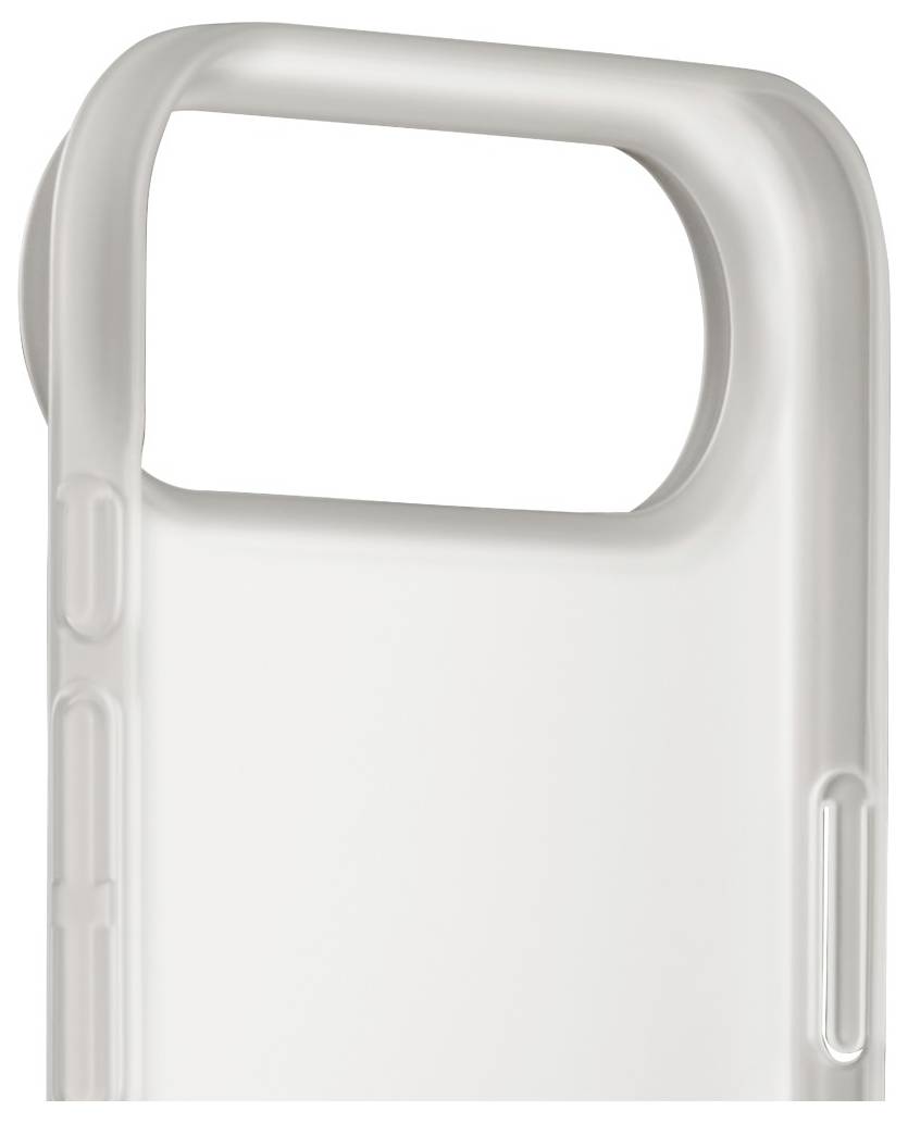 Eine transparente Handyhülle mit Kameraabdeckung, die Aussparungen für Tasten und Anschlüsse aufweist und darauf ausgelegt ist, das Gerät zu schützen.