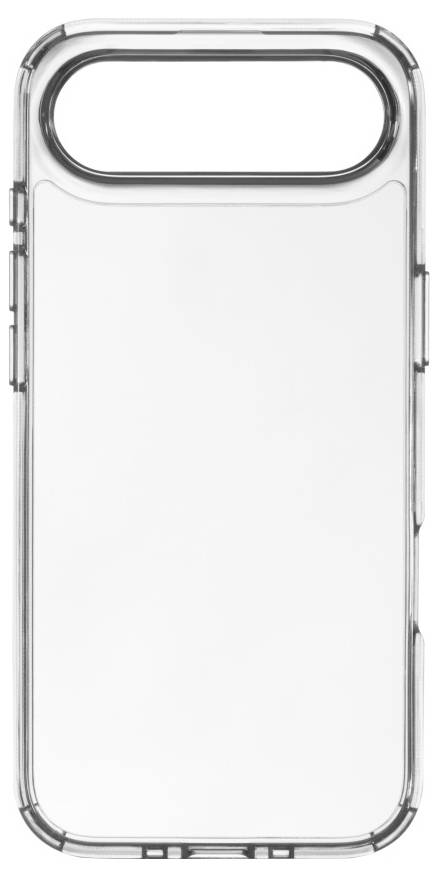 Eine transparente Handyhülle mit klaren Kanten und einer großen Aussparung an der Oberseite, wahrscheinlich für ein Kameramodul, geeignet für ein modernes Smartphone-Modell.