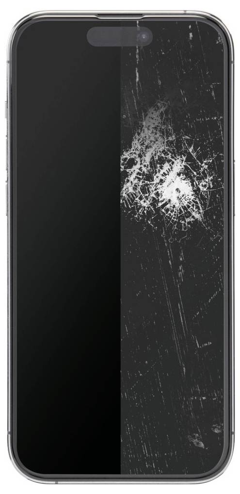 Ein Smartphone-Bildschirm zeigt ein schwarz-weißes Bild einer stark zerkratzten Oberfläche mit einer deutlich sichtbaren weißen Schleifmarke in der Mitte.