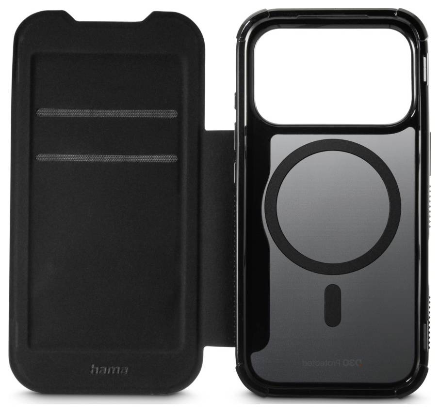 Ein schwarzes Smartphone-Gehäuse mit Deckel, das einen kreisförmigen MagSafe-Ring auf der Rückseite aufweist für eine sichere magnetische Befestigung an kompatiblen Ladegeräten.