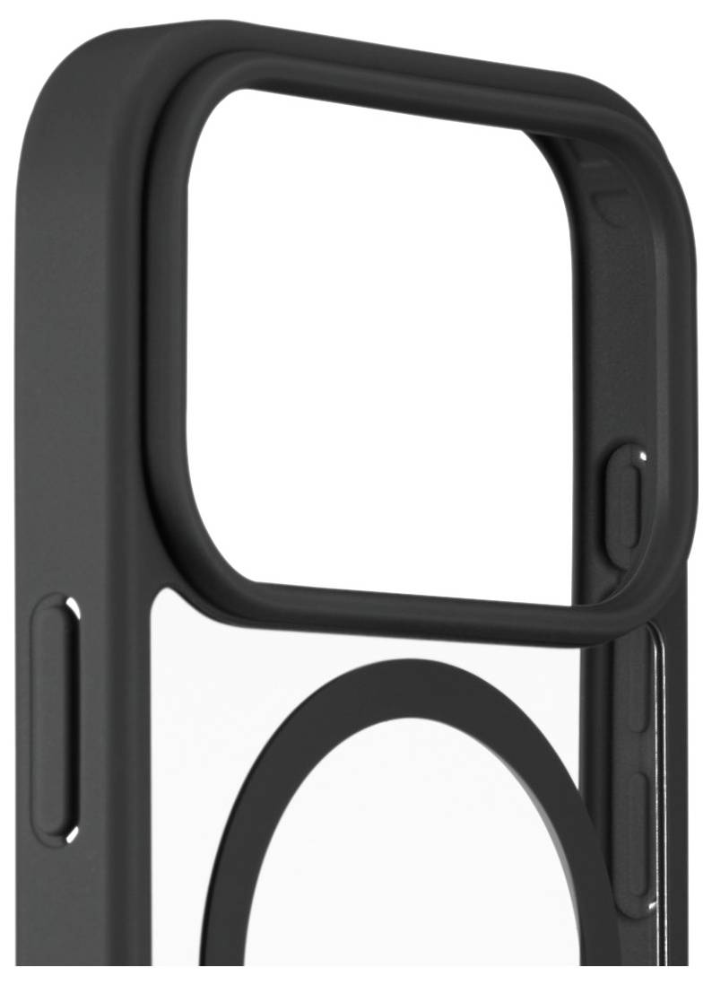 Eine schwarze Handyhülle mit rechteckiger Kameraausnehmung und durchsichtiger Rückseite, in Nahaufnahme dargestellt, wobei die Kameraschutzeigenschaft hervorgehoben wird.