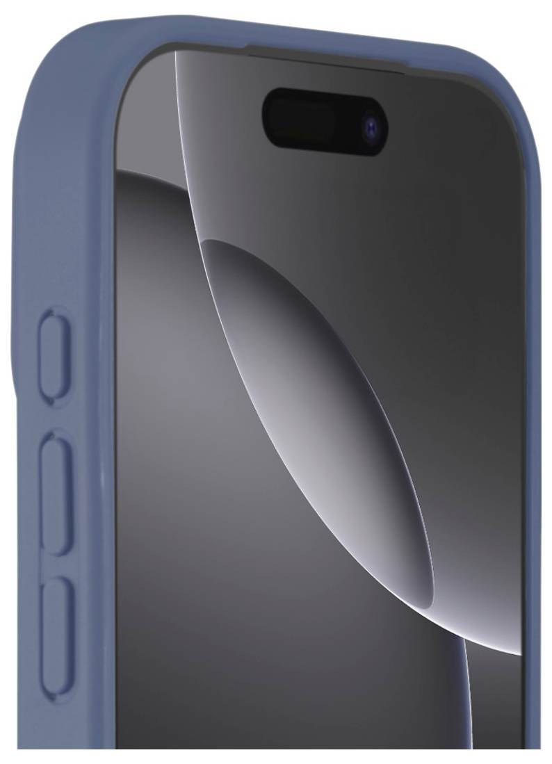 Eine Nahaufnahme eines Smartphones mit elegantem Design, das eine blaue Hülle trägt und dessen Tasten und Kamera auf einem dunklen, reflektierenden Bildschirm sichtbar sind.