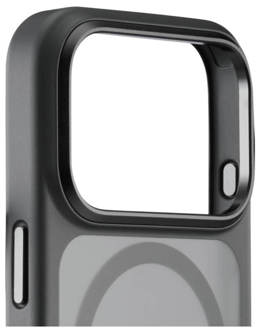 Eine schwarze, rechteckige Handyhülle mit einer großen, offenen quadratischen Aussparung für die Kamera und Tasten an der Seite.