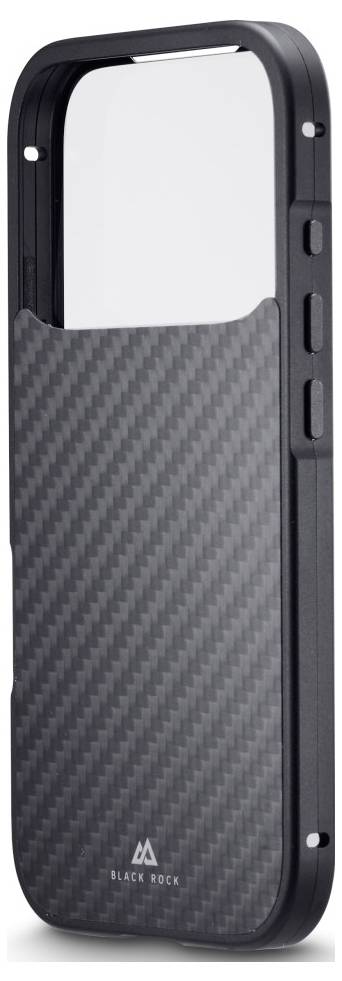 Eine schwarze Handyhülle mit einem Karbonfaser-Muster, das die untere Hälfte bedeckt, mit der Markenbezeichnung 'Black Rock' am unteren Rand.