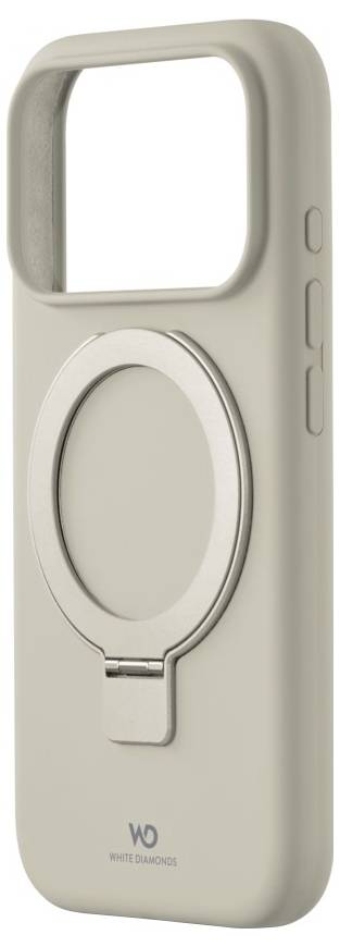 Eine beige Handyhülle mit einem metallischen Ringgriff. Die Hülle hat ein minimalistisches Design mit zwei Seitenknöpfen und der Markenbezeichnung "White Diamonds".