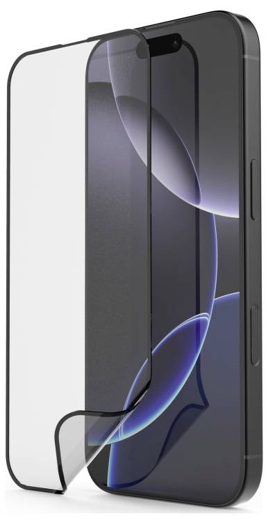 Ein Smartphone mit einem teilweise abgelösten Bildschirmschutz, der ein Display mit abstrakten schwarzen und blauen kreisförmigen Designs zeigt.