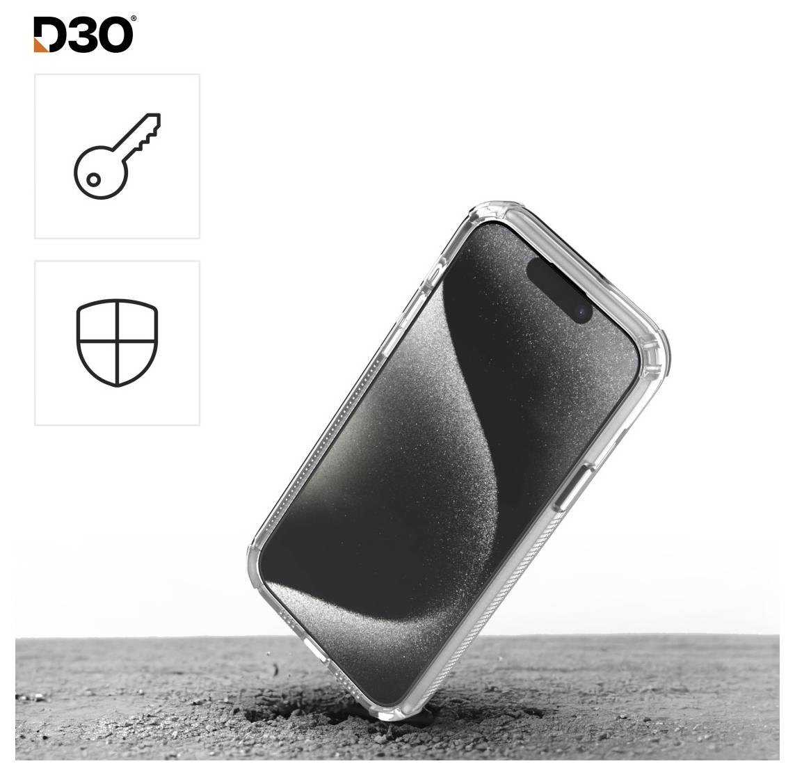 Eine transparente Handyhülle mit D3O-Branding, die über einer Betonoberfläche schwebt. Symbole eines Schlüssels und eines Schildes deuten auf Schutz- und Sicherheitsfunktionen hin.