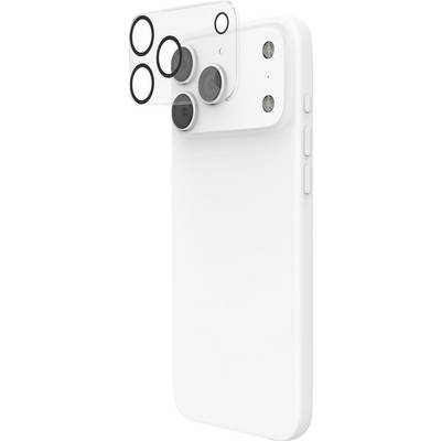 Ein weißes Smartphone wird von hinten gezeigt, wobei seine zwei Kameras und die Taschenlampe hervorgehoben werden. Ein transparenter Kameraobjektivschutz ist darüber positioniert.