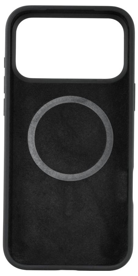 Eine schwarze Handyhülle mit einem kreisförmigen Designumriss in der Mitte. Der obere Bereich ist offen, um den Bildschirm und die Kamera des Telefons zu zeigen.