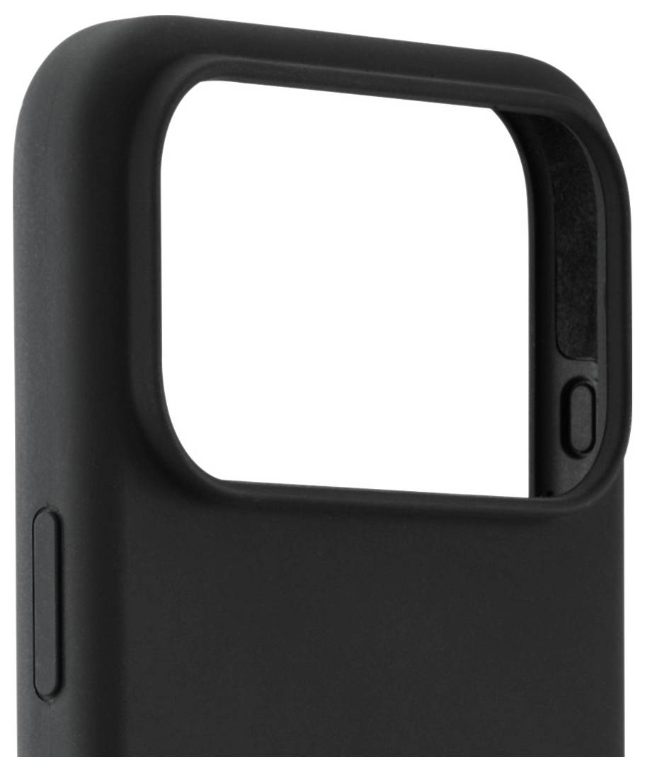 Nahaufnahme einer schwarzen Handyhülle mit einer großen rechteckigen Aussparung für die Kamera und einem Knopf an der Seite.