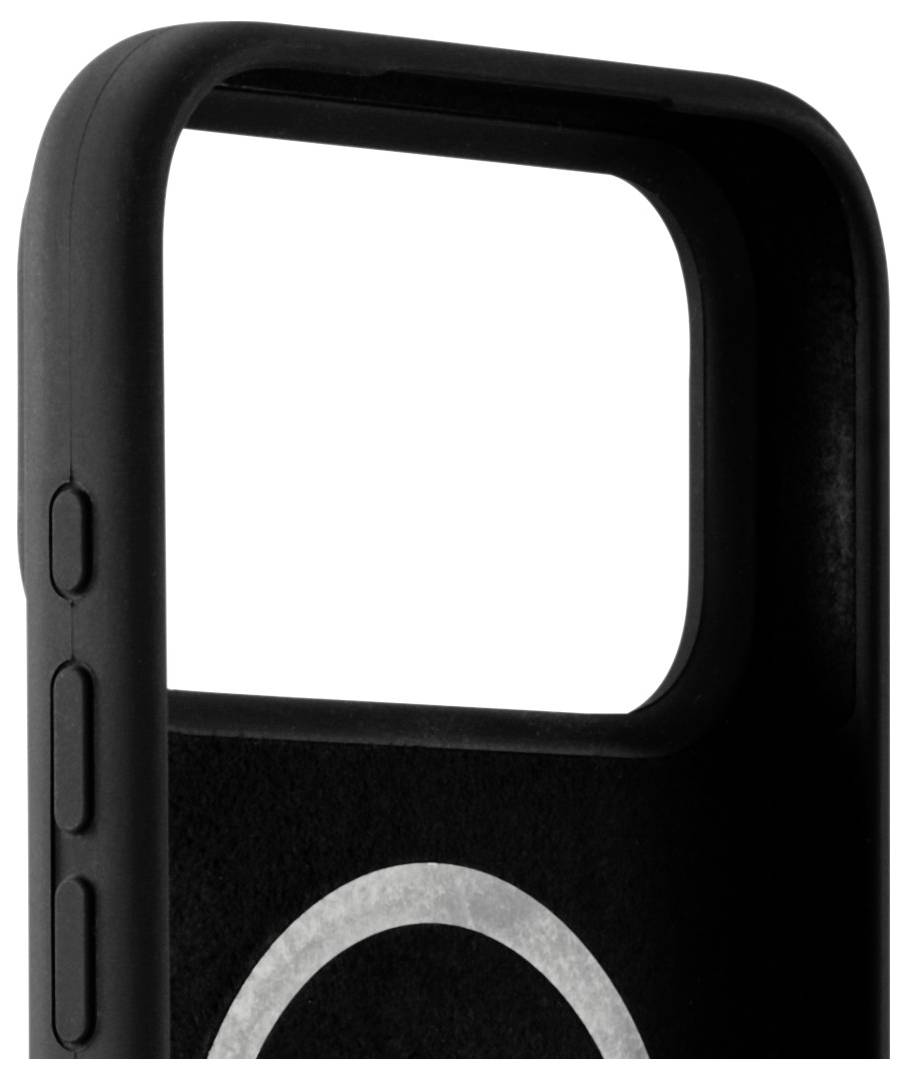 Eine Nahaufnahme eines schwarzen Handyetuis mit Fokus auf seine große Kameraaussparung und Seitenknöpfe.