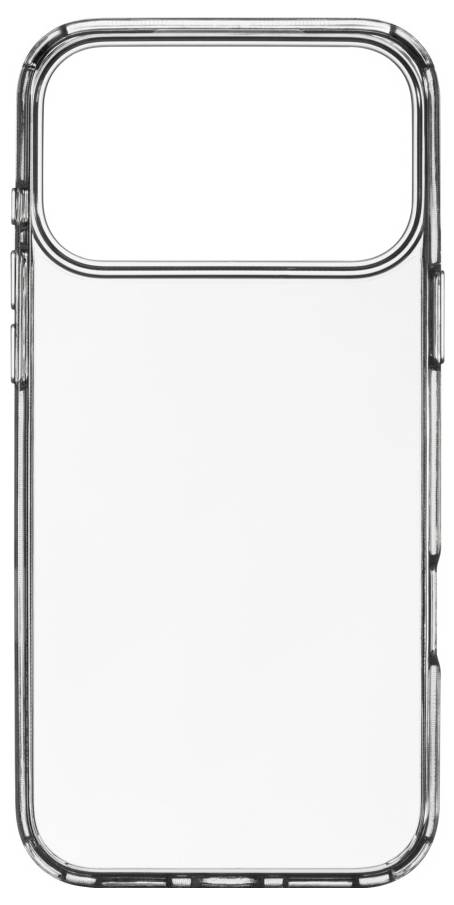 Eine durchsichtige Smartphone-Hülle mit einem dünnen, metallischen Rahmen, von hinten betrachtet.