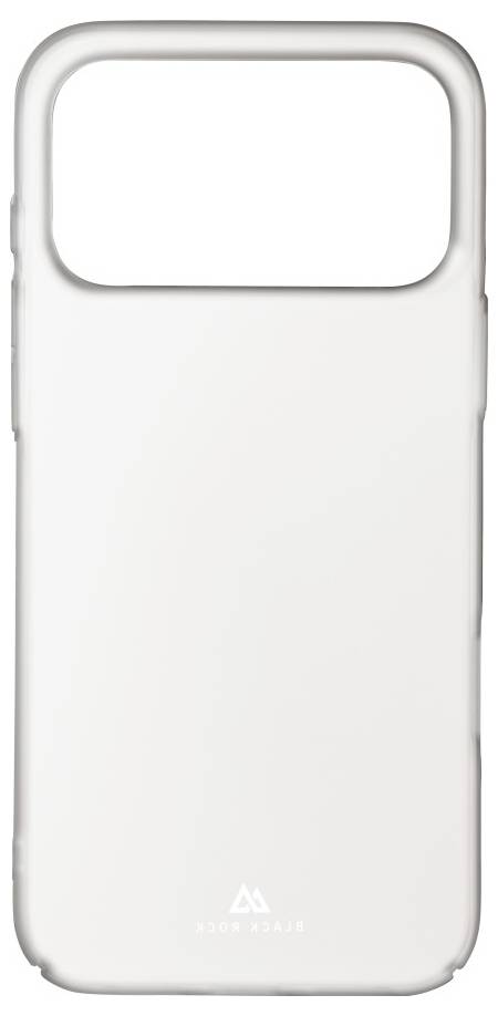 Eine weiße Handyhülle mit einer großen Kameraausnehmung, die ein minimalistisches Design und das Unternehmenslogo am unteren Rand zeigt.