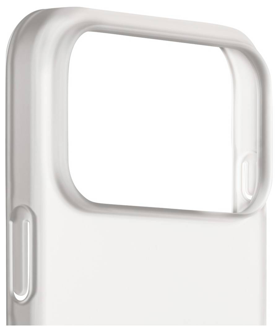 Eine Nahaufnahme einer weißen Smartphone-Hülle mit Fokus auf eine große Kameraaussparung an der Oberkante, die einen einfachen Zugang zu Kamerafunktionen ermöglicht.