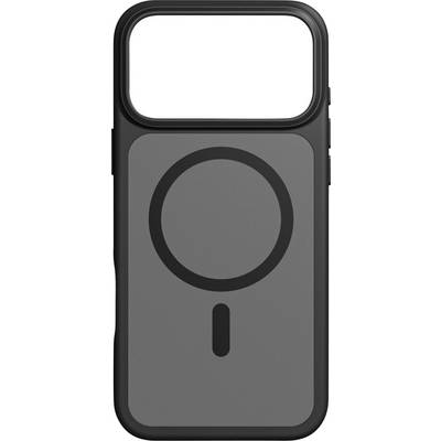 Eine graue Handyhülle mit einem kreisförmigen MagSafe-Design, die einen schwarzen Rand und eine Kameraausschnitt an der Oberseite aufweist.