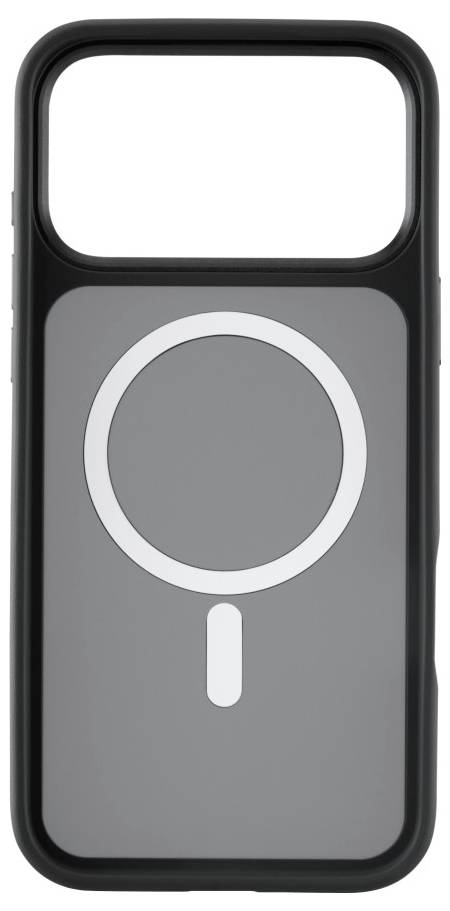Eine schwarze Handyhülle mit einem kreisförmigen MagSafe-Symbol in der Mitte, das die Kompatibilität mit MagSafe-Ladezubehör signalisiert.