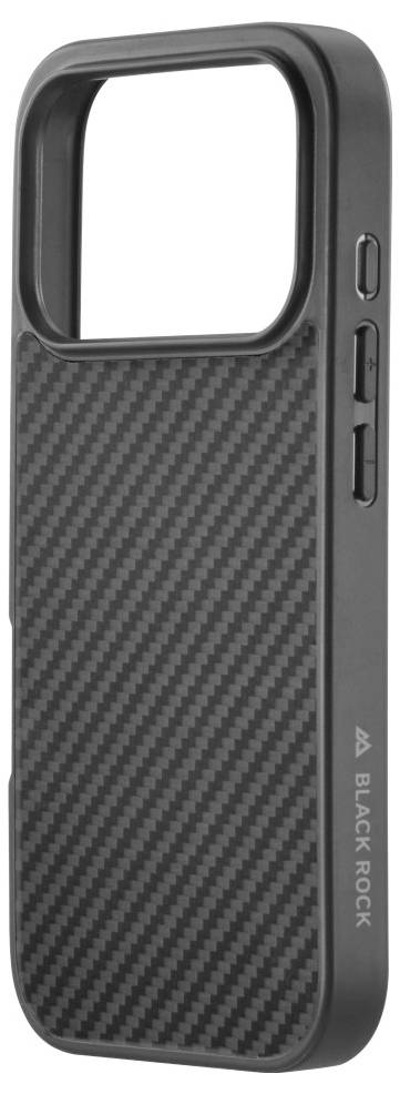 Eine elegante schwarze Smartphone-Hülle mit Karbonfaser-Textur, ausgestattet mit seitlichen Tasten und dem Firmennamen 'BLACK ROCK', der auf der Seite gedruckt ist.