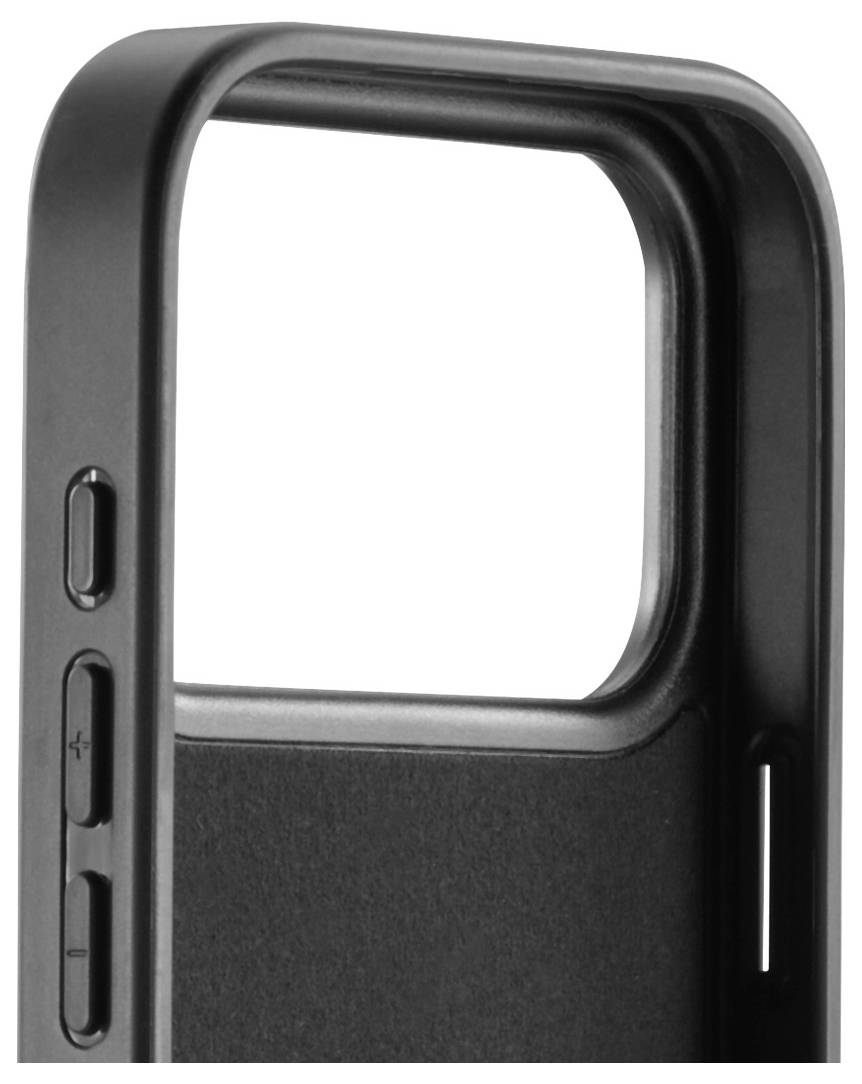 Nahaufnahme einer schwarzen Smartphone-Hülle mit seitlichen Tasten und einer großen Kameraausnehmung.