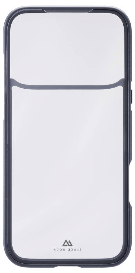 Ein Smartphone mit einem schlanken, minimalistischen Design mit einer reflektierenden Oberfläche, einem dünnen schwarzen Rahmen und der Markenbezeichnung "BLACK ROCK" am unteren Rand.