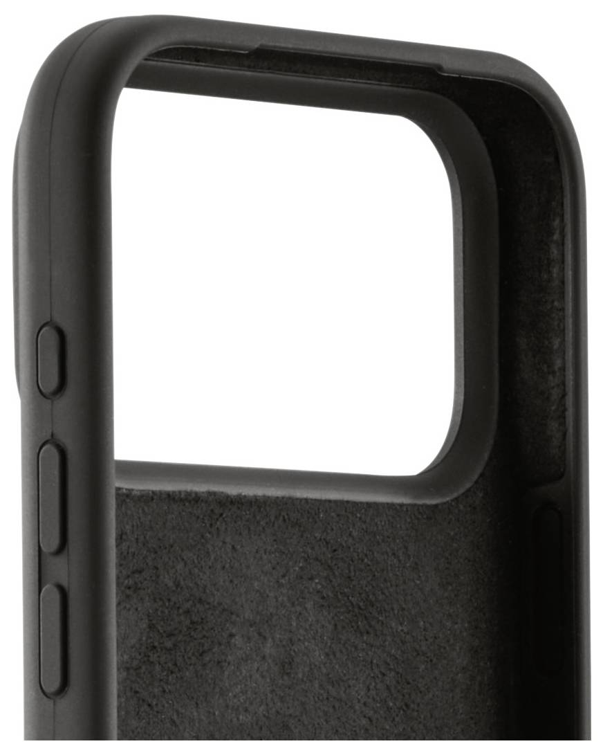 Eine Nahaufnahme einer schwarzen Handyhülle, die Aussparungen für Tasten und eine weiche Innenfütterung zeigt, entwickelt für Schutz und benutzerfreundliche Handhabung.