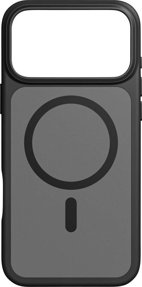 Eine schwarze Handyhülle mit einem kreisförmigen MagSafe-Ladessymbol in der Mitte, konzipiert für magnetische Befestigung, auf grauem Hintergrund.