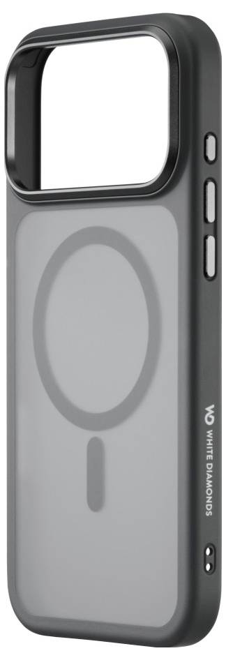 Eine Smartphone-Hülle mit einer transparenten Rückseite und einer großen Aussparung oben für eine Kamera. Seitenknöpfe und 'White Diamonds' Logo sind sichtbar.