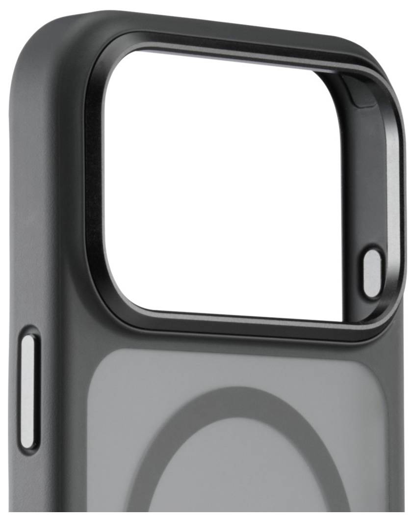 Eine schwarze Handyhülle mit präzisen Ausschnitten für die Tasten und einer großen, rechteckigen Kameraöffnung. Die Hülle hat abgerundete Kanten und eine glatte Oberfläche.