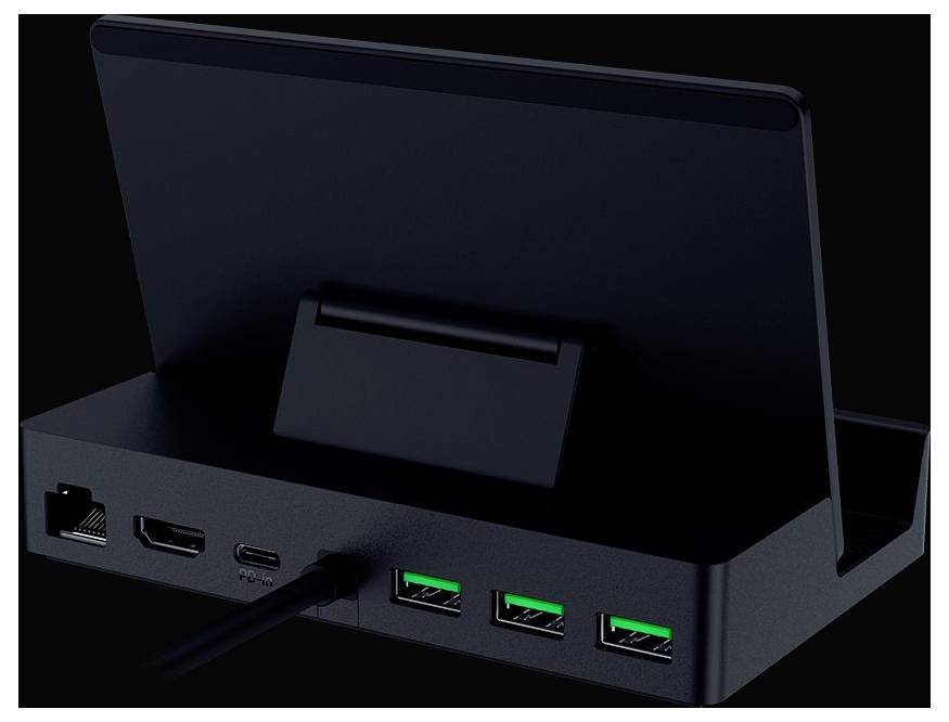 Eine schwarze elektronische Dockingstation mit einer Gerätehalterung, die mehrere USB-Anschlüsse und HDMI-Anschlüsse auf der Rückseite aufweist.