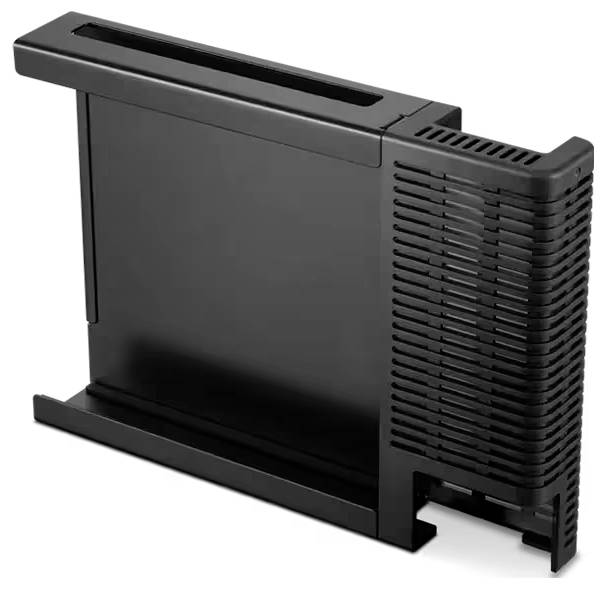 Ein leerer schwarzer vertikaler Gaming-Konsolen-Ständer mit stabilem Fuß und Belüftungsschlitzen an einer Seite.