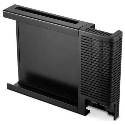 Ein leerer schwarzer vertikaler Gaming-Konsolen-Ständer mit stabilem Fuß und Belüftungsschlitzen an einer Seite.