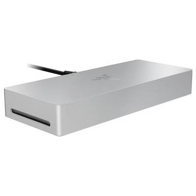 Eine schlanke, rechteckige elektronische Vorrichtung mit angeschlossenem Kabel, höchstwahrscheinlich eine USB-C Dockingstation, mit modernem metallenem Design.
