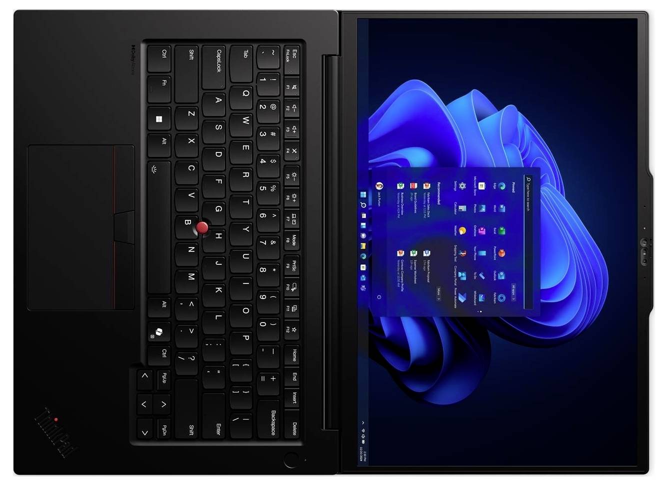 Ein Laptop mit vertikal gekipptem Bildschirm zeigt die Windows-10-Desktop-Oberfläche mit dem Startmenü und mehreren Anwendungssymbolen.