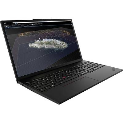 Ein schwarzer Laptop mit einer 3D-Modellierungssoftware, auf dessen Bildschirm ein detailliertes 3D-Inselmodell zu sehen ist.