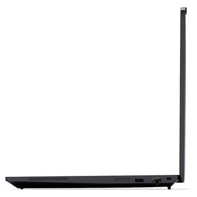 Ein schlanker, schwarzer Laptop in einer Seitenprofilansicht, leicht geöffnet und seine schmale Bauweise sowie die Anschlüsse an der Seite präsentierend.
