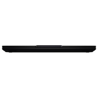 Ein geschlossener schwarzer Laptop, von der Seite betrachtet, mit einem minimalistischen Design, einem schlanken Profil und einem kleinen zentralen Scharnier.