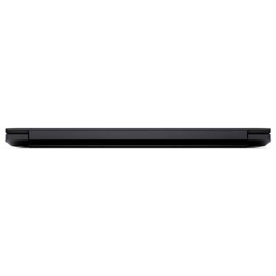 Ein geschlossener schwarzer Laptop, von vorne betrachtet, mit Scharnier und schlankem Profil.