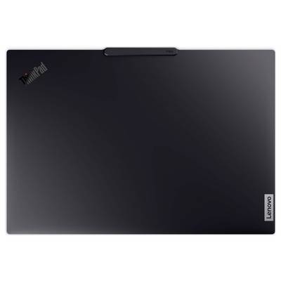 Ein geschlossener schwarzer Lenovo ThinkPad Laptop-Deckel mit 'ThinkPad'- und 'Lenovo'-Logos in den Ecken.